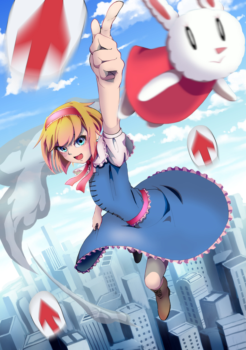 1girl alice_margatroid arrow_(symbol) bangs blonde_hair blouse blue_dress blue_sky blush boots brown_footwear capelet cityscape clouds commentary_request cookie_(touhou) cross-laced_footwear day dress dutch_angle flying frilled_capelet frilled_dress frilled_hairband frilled_sash frills full_body gaba_physics hairband highres holding holding_clothes holding_dress ichigo_(cookie) index_finger_raised looking_at_viewer motion_blur open_mouth outdoors pink_sash pointing pointing_up razgrizes_da red_dress red_hairband sash short_hair short_sleeves sky sleeveless sleeveless_dress smoke_trail solo stuffed_animal stuffed_bunny stuffed_toy touhou white_blouse white_capelet