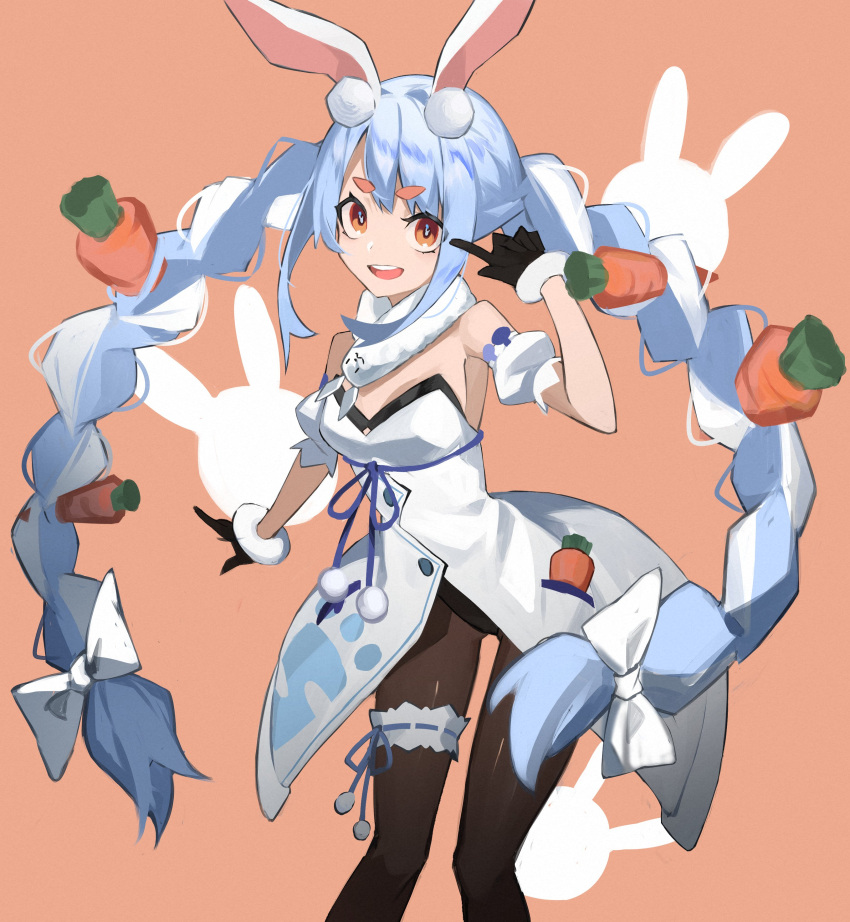 1girl :d absurdres animal_ear_fluff animal_ears balance_(superdust) bangs bare_shoulders black_gloves black_legwear blue_hair blue_ribbon bow braid breasts detached_sleeves don-chan_(usada_pekora) dress eyebrows_visible_through_hair feet_out_of_frame fur_trim gloves hair_bow highres hololive index_finger_raised legband long_hair looking_at_viewer multicolored_hair open_mouth orange_background orange_eyes pantyhose pom_pom_(clothes) puffy_short_sleeves puffy_sleeves rabbit_ears ribbon short_sleeves sidelocks silver_hair simple_background small_breasts smile solo standing thick_eyebrows twin_braids twintails two-tone_hair usada_pekora very_long_hair white_bow white_dress