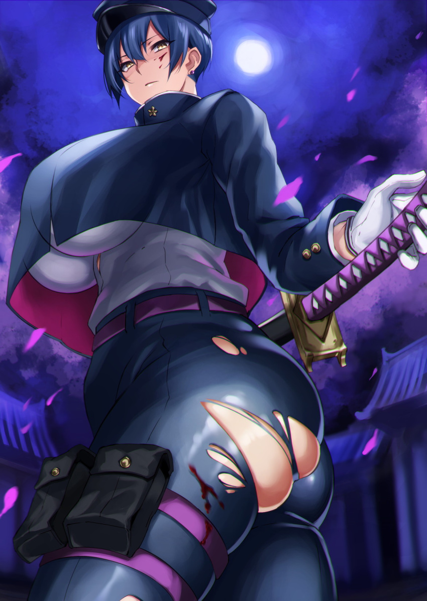 1girl ass ass_focus belt black_headwear blood blood_on_face bloody_clothes blue_hair breasts cherry_blossoms closed_mouth crop_top crop_top_overhang curvy earrings eyebrows_visible_through_hair gloves hair_between_eyes hat highres hikari_(komitiookami) holding holding_sword holding_weapon huge_breasts jewelry katana moon night night_sky original outdoors petals plump pouch school_uniform shaded_face sheath sheathed short_hair sky solo sword thigh_strap tomboy torn torn_clothes tree uniform weapon white_gloves yellow_eyes
