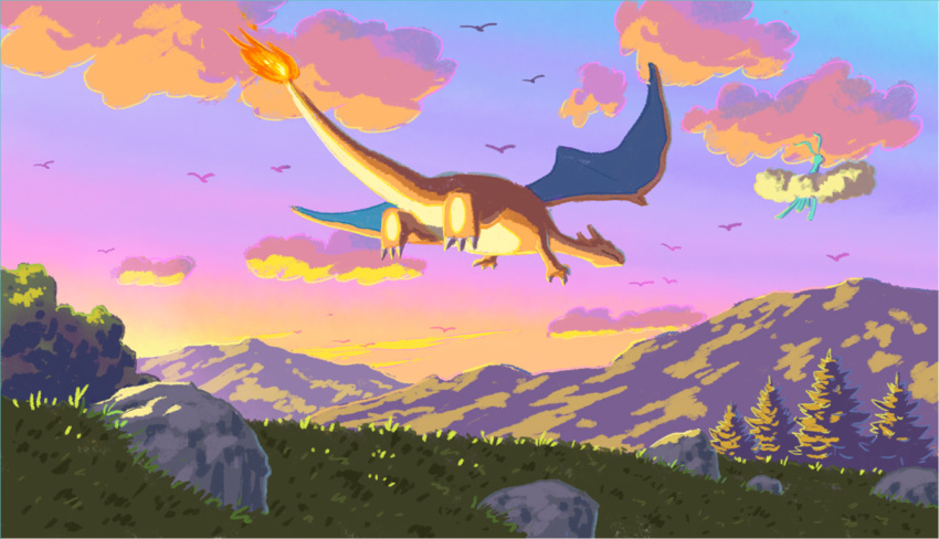 altaria bird charizard claws clouds commentary_request fire flame flying from_below gen_1_pokemon gen_3_pokemon grass illustration_room_nagi mountainous_horizon no_humans outdoors pokemon pokemon_(creature) rock silhouette sky tree