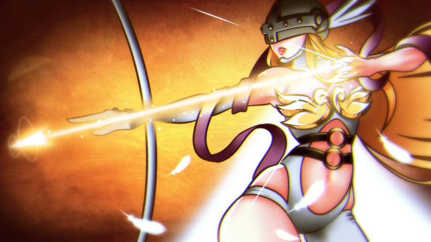 1girl aiming angewomon arrow_(projectile) blonde_hair bodysuit bow_(weapon) breasts commentary contrapposto covered_eyes cowboy_shot digimon english_commentary feathers glowing_arrow helmet highres holding holding_arrow holding_bow_(weapon) holding_weapon large_breasts loen-lapae navel parted_lips red_lips shawl smile solo standing weapon winged_helmet