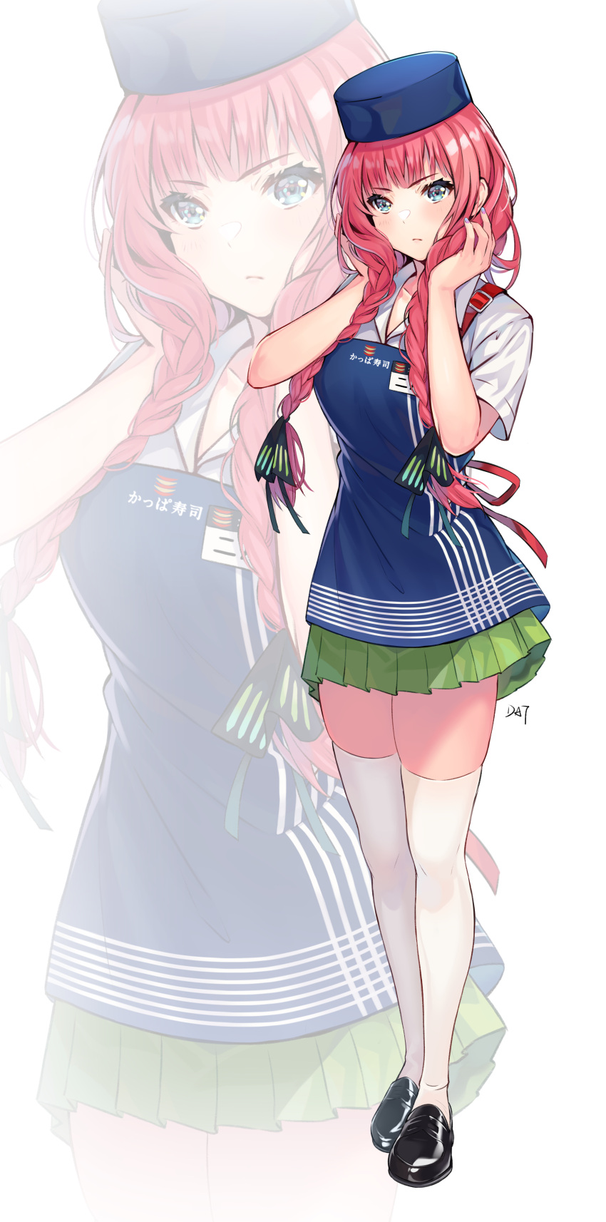 1girl absurdres alternate_hairstyle apron black_footwear blue_apron blue_headwear blush braid breasts butterfly_hair_ornament closed_mouth collared_shirt commentary_request da-cart full_body go-toubun_no_hanayome green_eyes green_skirt hair_ornament hair_over_shoulder hands_up highres long_hair looking_at_viewer medium_breasts miniskirt nakano_nino pleated_skirt redhead shirt short_sleeves simple_background skirt solo standing thigh-highs twin_braids very_long_hair white_background white_legwear white_shirt zettai_ryouiki zoom_layer