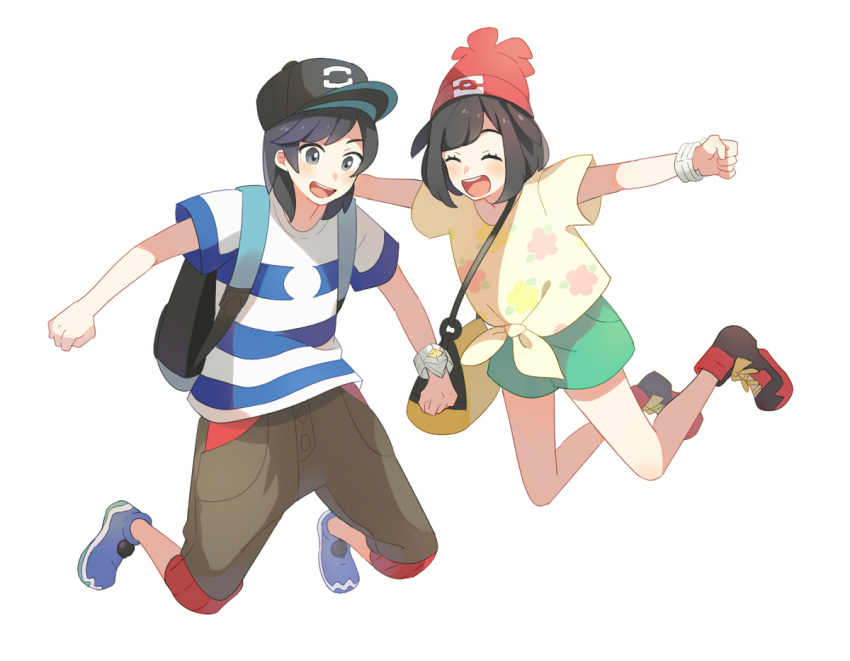 1boy 1girl bangs baseball_cap beanie black_headwear blue_footwear capri_pants closed_eyes commentary_request elio_(pokemon) eyelashes floral_print green_shorts hat open_mouth outstretched_arms pants pokemon pokemon_(game) pokemon_sm red_headwear selene_(pokemon) shirt shoes short_sleeves shorts smile striped striped_shirt t-shirt teeth tied_shirt tongue unapoppo |d