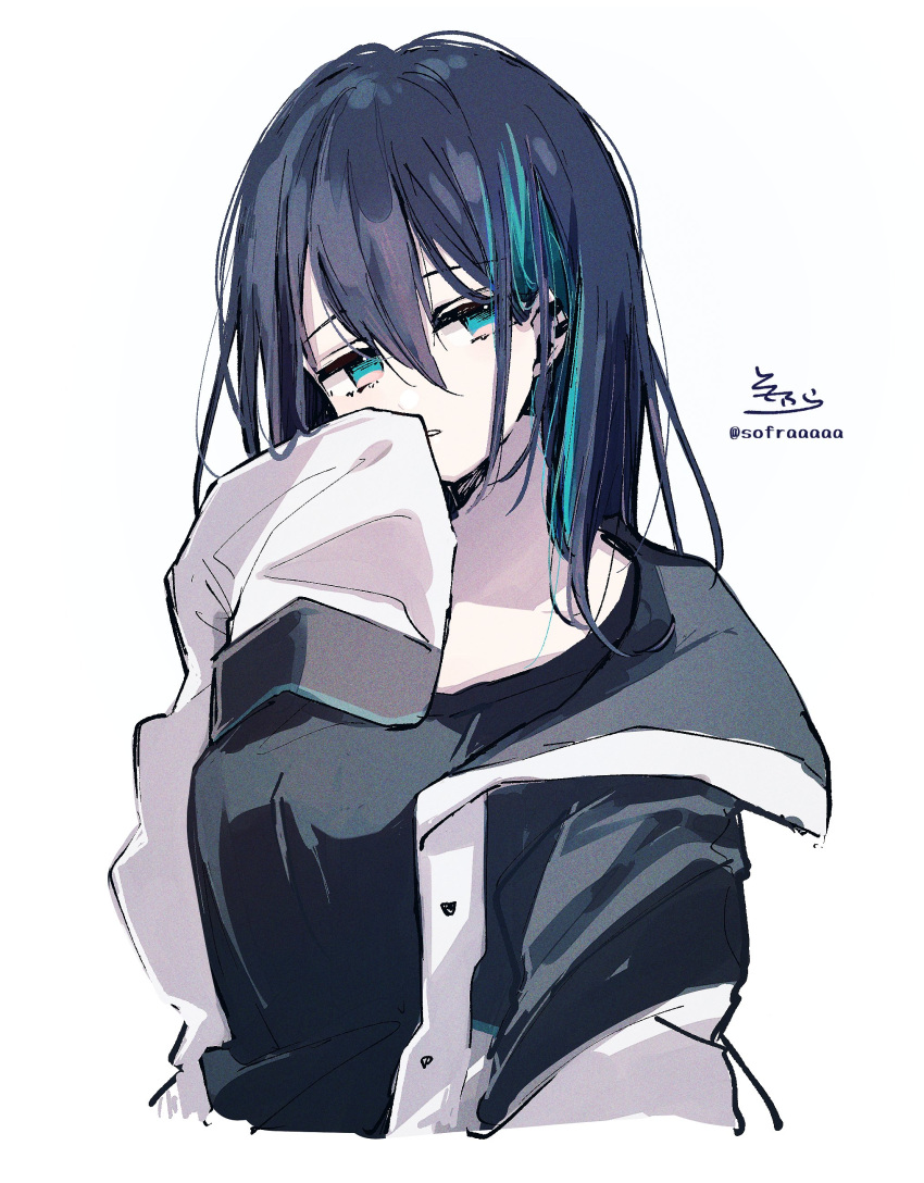 1girl absurdres bangs black_hair black_shirt blue_eyes blue_hair breasts cropped_torso eyebrows_visible_through_hair genderswap genderswap_(mtf) hair_between_eyes hand_up highres jacket long_hair long_sleeves mayuzumi_kai medium_breasts multicolored_hair nijisanji off_shoulder open_clothes open_jacket parted_lips shirt signature simple_background sleeves_past_fingers sleeves_past_wrists sofra solo streaked_hair twitter_username upper_body virtual_youtuber white_background white_jacket