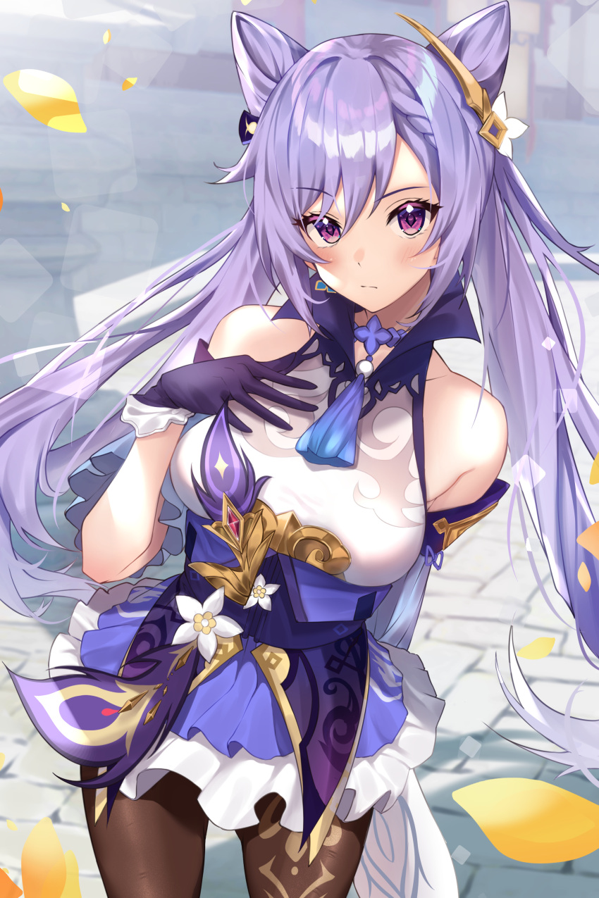 1girl absurdres bangs bare_shoulders blush breasts brown_legwear double_bun dress frilled_dress frills genshin_impact gloves hair_ornament highres keqing_(genshin_impact) large_breasts long_hair looking_at_viewer pantyhose purple_dress purple_gloves purple_hair shiroserika solo thighs twintails violet_eyes