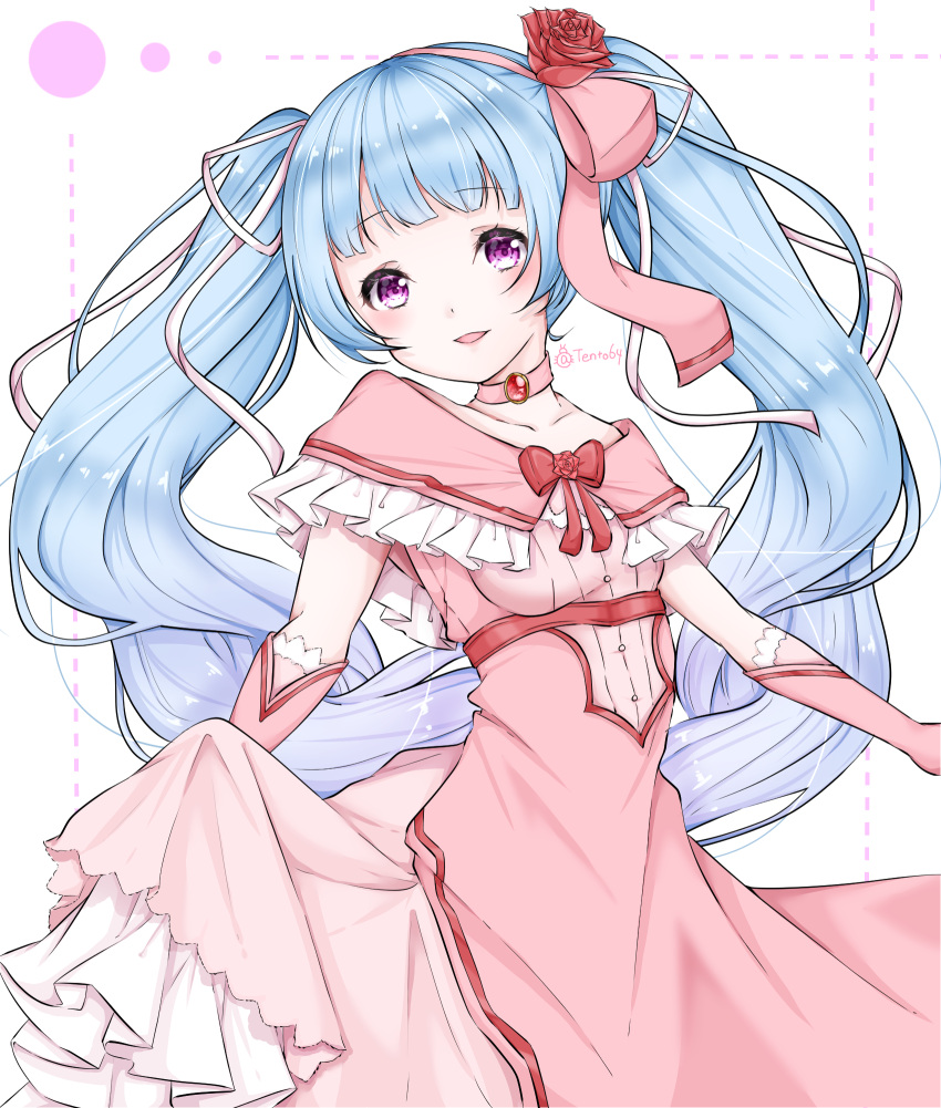 1girl a_tento64 blue_hair blush choker dress elbow_gloves flower frilled_dress frills gloves gradient_hair hair_ornament hatsune_miku highres lolita_fashion long_hair looking_at_viewer multicolored_hair open_mouth pink_dress pink_eyes pink_gloves pink_theme red_flower red_rose ribbon rose signature tall tally twintails twitter_username very_long_hair vocaloid white_background