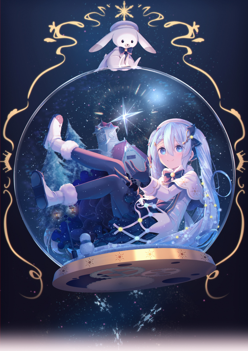 1girl 1other absurdres beret blue_bow blue_gloves blue_neckwear blue_tabard boots bow bowtie building capelet clock clock_tower commentary full_body fur-trimmed_boots fur-trimmed_capelet fur_trim gears gloves glowing gold_trim hair_bow hair_ornament hat hatsune_miku highres legs_up light_blue_eyes light_blue_hair long_hair looking_at_viewer musical_note_hair_ornament pine_tree rabbit rabbit_yukine sakakidani sitting sitting_on_object smile snow_globe snowflake_print snowflakes snowing snowman star_(symbol) tabard tower tree twintails very_long_hair vocaloid white_capelet white_footwear white_headwear winter yuki_miku yuki_miku_(2021)
