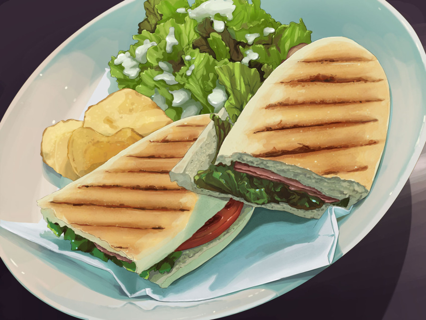 bowl chips commentary food food_focus highres kara-age_daisuki leaf meat no_humans original panini_(food) sandwich simple_background still_life tomato tomato_slice vegetable