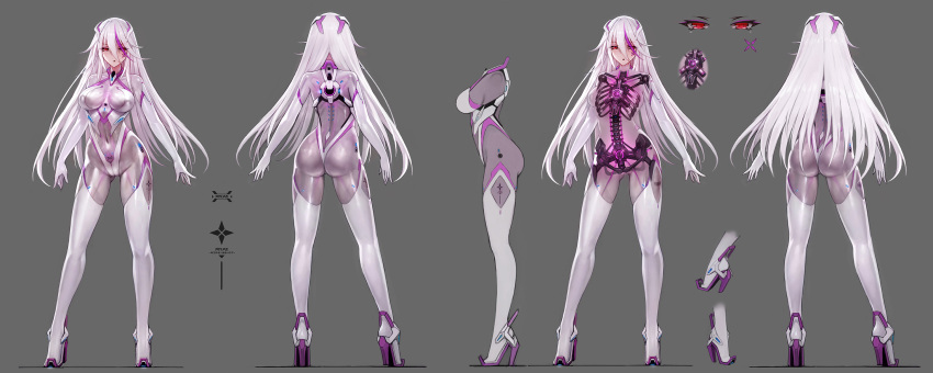 1girl android arms_at_sides character_sheet commentary_request full_body grey_background hair_between_eyes high_heels highres long_hair looking_at_viewer multicolored_hair original purple_hair red_eyes revealing_clothes ribs science_fiction skeleton solo spine streaked_hair transparent white_hair zhuore_zhi_hen