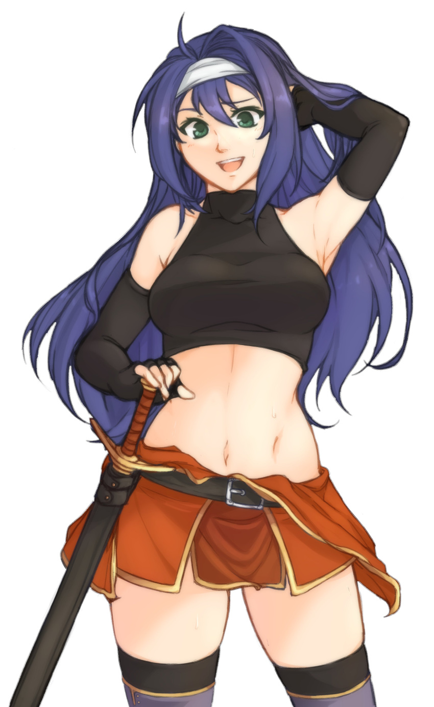 1girl absurdres ahoge blue_hair breasts elbow_gloves fingerless_gloves fire_emblem fire_emblem:_path_of_radiance fire_emblem:_radiant_dawn gloves green_eyes highres long_hair medium_breasts mia_(fire_emblem) open_mouth simple_background smile solo sword tridisart weapon white_background