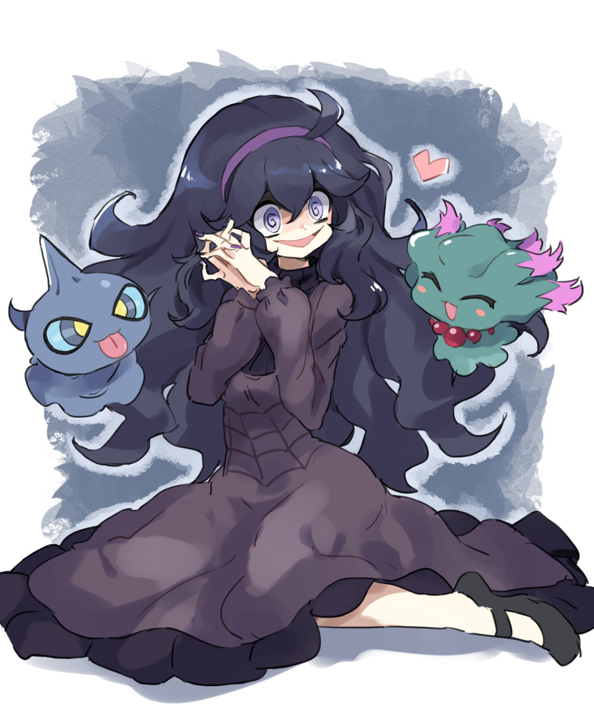 1girl absurdres ahoge bangs black_footwear black_hair commentary_request dress gazacy_(dai) gen_2_pokemon gen_3_pokemon hair_between_eyes hairband hands_together heart hex_maniac_(pokemon) highres interlocked_fingers long_dress long_hair messy_hair misdreavus nail_polish npc_trainer open_mouth pokemon pokemon_(creature) pokemon_(game) pokemon_xy purple_hairband purple_nails shoes shuppet smile spiral_eyes tongue violet_eyes