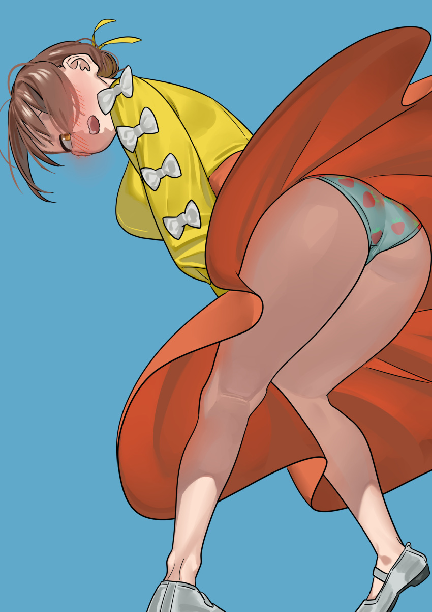 1girl absurdres aqua_hair bare_legs blush bow grey_footwear hair_over_one_eye hair_ribbon highres long_skirt long_sleeves looking_at_viewer nia_(nia4294) open_mouth orange_skirt original panties print_panties ribbon shirt shoes simple_background skirt solo underwear white_bow yellow_eyes yellow_ribbon yellow_shirt