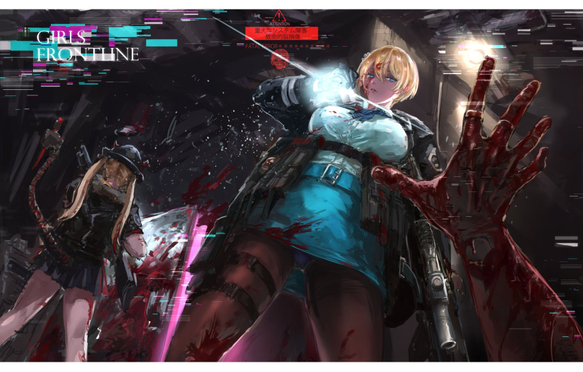 2girls belt black_jacket blonde_hair blood blood_splatter bloody_clothes bloody_hands blue_eyes blue_panties breasts elid_(girls_frontline) flashlight girls_frontline gun hat highres horns jacket large_breasts m870_(girls_frontline) mechanical_tail multiple_girls osakana_(denpa_yun'yun) panties pantyshot pencil_skirt pleated_skirt red_horns remington_870 rifle shirt short_hair shotgun skirt tail thigh_pouch traditional_media underwear vsk-94 vsk-94_(girls_frontline) weapon white_shirt