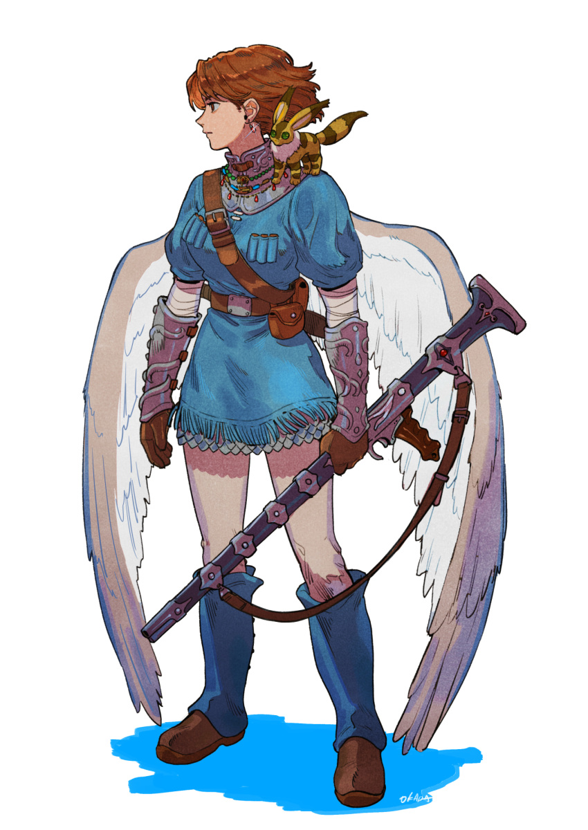 1girl ammunition animal animal_on_shoulder armlet armor artist_name bandaged_arm bandages bangs belt belt_buckle blue_dress blue_legwear blue_shirt boots breasts brown_belt brown_eyes brown_footwear brown_gloves brown_hair buckle cartridge closed_mouth collar commentary_request dress dress_shirt ear_piercing earrings feathered_wings full_body gloves grey_pants highres holding holding_weapon jewelry kaze_no_tani_no_nausicaa looking_away looking_to_the_side nausicaa okada_(hoooojicha) pants piercing pouch shirt short_hair simple_background solo sparkle standing weapon white_background wings