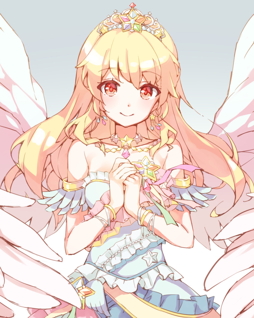 absurdres aikatsu! aikatsu!_(series) angel_wings bare_shoulders blonde_hair blush choker collarbone commentary dress earrings elbow_cuffs eyebrows_visible_through_hair floating_hair gem gradient gradient_background highres hoshimiya_ichigo idol jewelry long_hair looking_at_viewer own_hands_together pinmisil red_eyes simple_background sleeveless sleeveless_dress smile star_(symbol) star_choker star_earrings tiara upper_body wings wristband