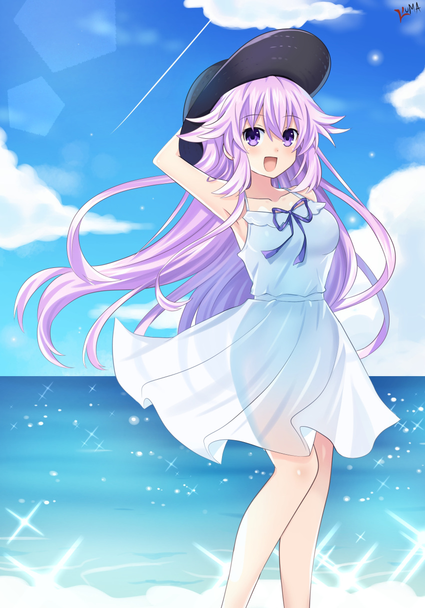 1girl absurdres adult_neptune arm_behind_head arm_up armpits bangs bare_arms blush breasts choujigen_game_neptune clouds cloudy_sky collarbone day dress english_commentary eyebrows_visible_through_hair floating_hair hair_between_eyes hair_flaps hat highres lewdkuma light_particles long_hair looking_at_viewer medium_breasts neptune_(series) ocean open_mouth purple_hair sidelocks signature sky solo sun_hat sundress violet_eyes white_dress