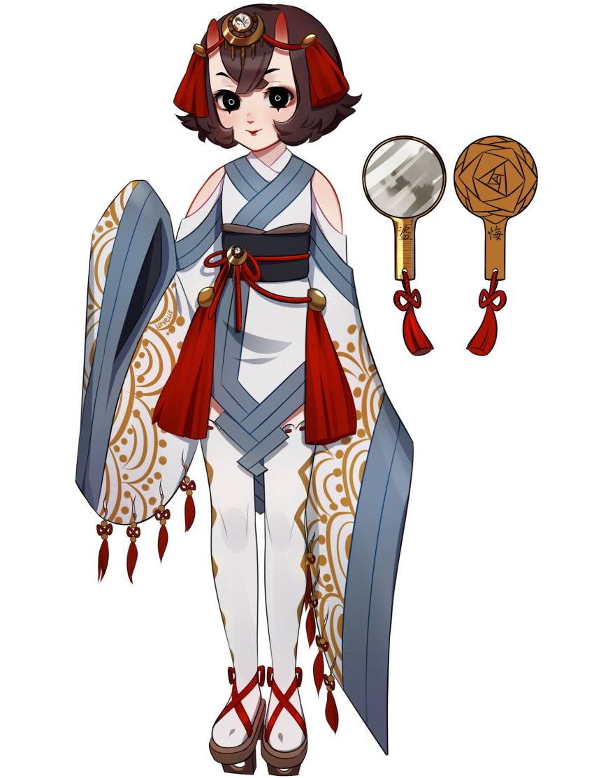 1girl black_sclera bob_cut brown_hair closed_mouth clothing_cutout colored_sclera commentary english_commentary geta hand_mirror highres horns japanese_clothes kimetsu_no_yaiba kimono lavelis long_sleeves looking_at_viewer medium_hair mirror oni_horns original ringed_eyes shoulder_cutout simple_background sleeves_past_fingers sleeves_past_wrists smile solo tassel thigh-highs white_background white_kimono white_legwear wide_sleeves