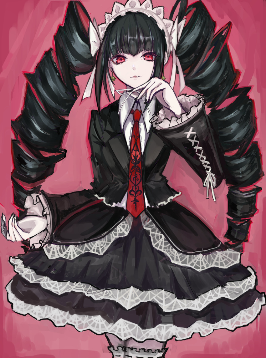 1girl akitsu_(davis0527dx) bangs black_hair black_jacket black_nails black_skirt bonnet celestia_ludenberg collared_shirt colored_inner_hair commentary_request cowboy_shot dangan_ronpa:_trigger_happy_havoc dangan_ronpa_(series) drill_hair earrings frills gothic_lolita gradient gradient_background hairband highres jacket jewelry lace-trimmed_skirt lace_trim layered_skirt lolita_fashion long_hair long_sleeves looking_at_viewer multicolored_hair nail_polish necktie pink_background pink_hair print_neckwear red_eyes red_neckwear shirt skirt smile solo thigh-highs twin_drills twintails white_shirt zettai_ryouiki