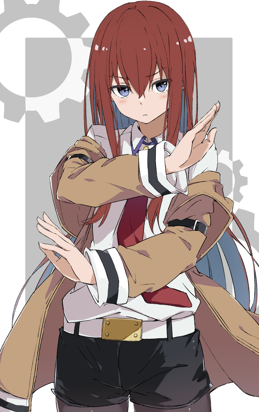 1girl absurdres arm_belt bangs belt black_legwear black_shorts blue_eyes blush brown_coat closed_mouth coat collared_shirt cowboy_shot eyebrows_visible_through_hair frown gears grey_background hair_between_eyes highres long_hair looking_at_viewer makise_kurisu necktie off_shoulder pantyhose rauto red_neckwear redhead shirt shorts simple_background solo standing steins;gate v-shaped_eyebrows white_shirt