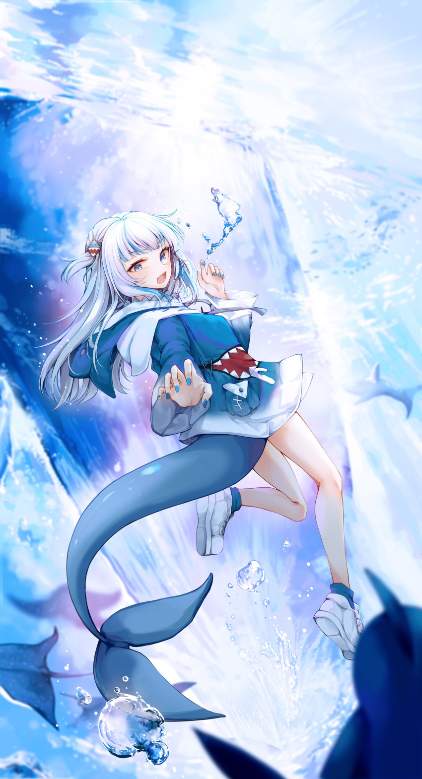 1girl absurdres commentary_request dutch_angle fish_tail full_body gawr_gura highres hololive hololive_english looking_at_viewer looking_back pistachiocream shark_tail solo tail virtual_youtuber