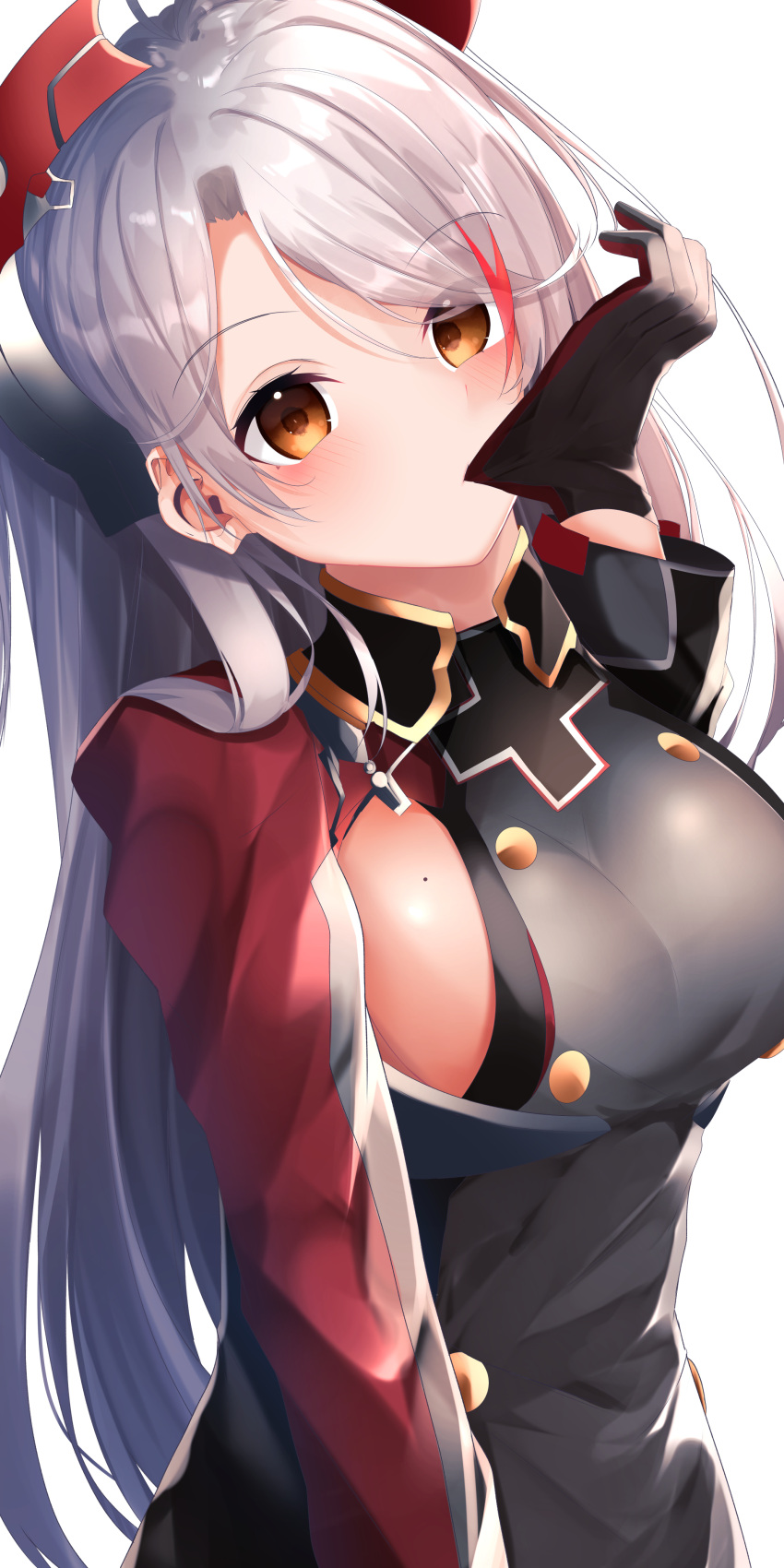 1girl absurdres azur_lane bangs biting black_gloves blush breasts brown_eyes commentary_request eyebrows_visible_through_hair eyes_visible_through_hair glove_biting gloves grey_jacket headgear highres iron_cross jacket long_hair long_sleeves looking_at_viewer medium_breasts multicolored_hair prinz_eugen_(azur_lane) red_eyes silver_hair simple_background solo streaked_hair suisen-21 swept_bangs upper_body very_long_hair white_background