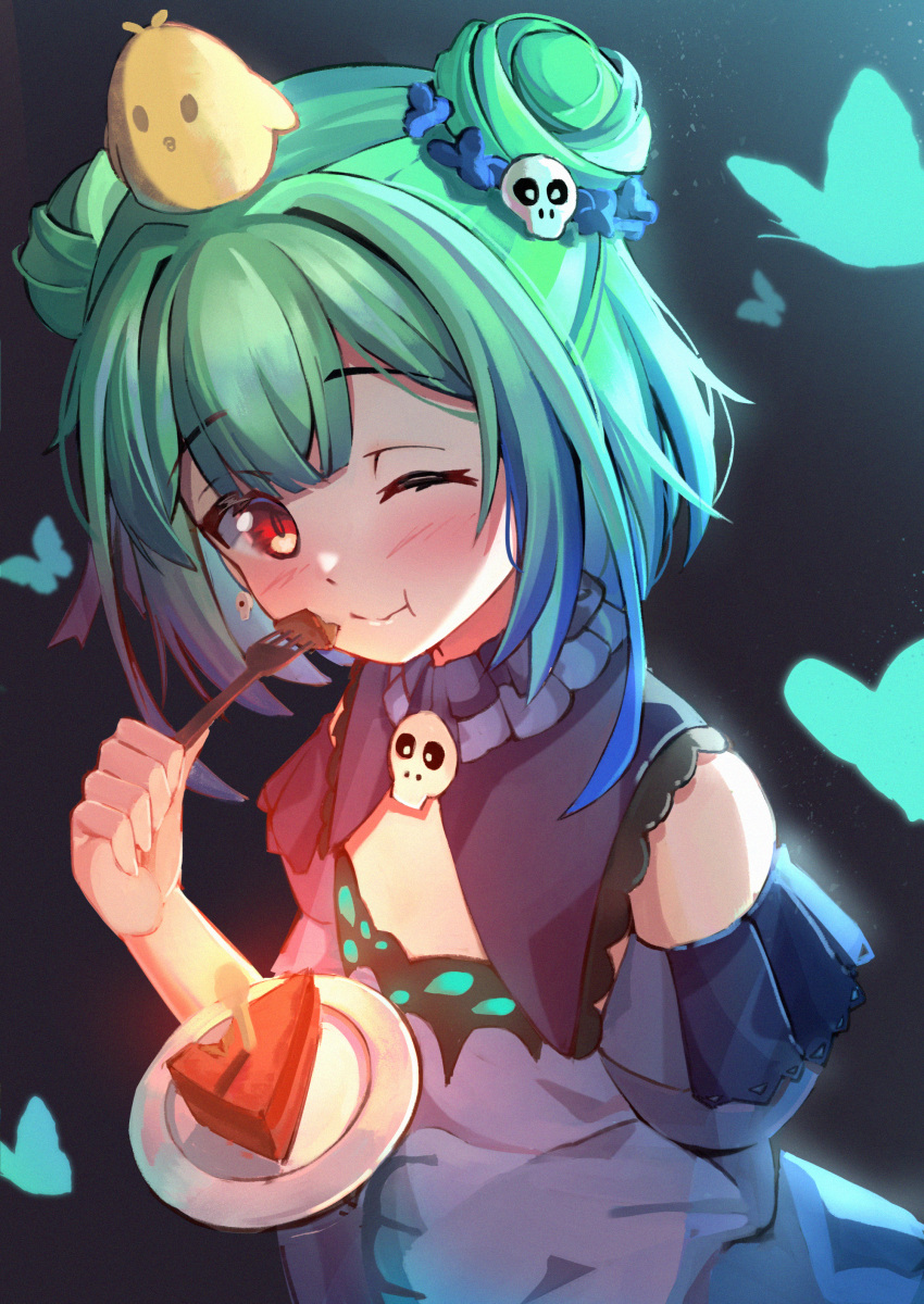 1girl ;t absurdres animal_on_head bangs bird black_background blue_dress blue_sleeves blush bug butterfly cake cake_slice chick closed_mouth commentary detached_sleeves double_bun dress eating eyebrows_visible_through_hair food fork green_hair hair_ornament hand_up highres holding holding_fork holding_plate hololive huge_filesize insect juliet_sleeves long_sleeves on_head one_eye_closed plate puffy_sleeves red_eyes sasatabekung skull_hair_ornament sleeveless sleeveless_dress solo uruha_rushia virtual_youtuber wide_sleeves
