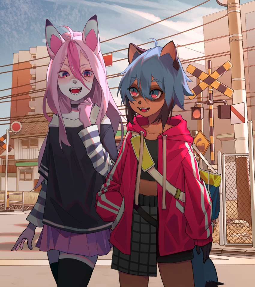 2girls :d animal_ears bag blue_eyes blue_hair body_fur brand_new_animal brown_fur building city cowboy_shot day ev-oo fox_ears fox_girl furry hair_between_eyes highres hiwatashi_nazuna jacket kagemori_michiru long_hair miniskirt multiple_girls open_mouth outdoors pink_hair pink_jacket pink_skirt raccoon_girl railroad_crossing shirt shoulder_bag skirt smile striped striped_shirt teeth thigh-highs track_jacket walking