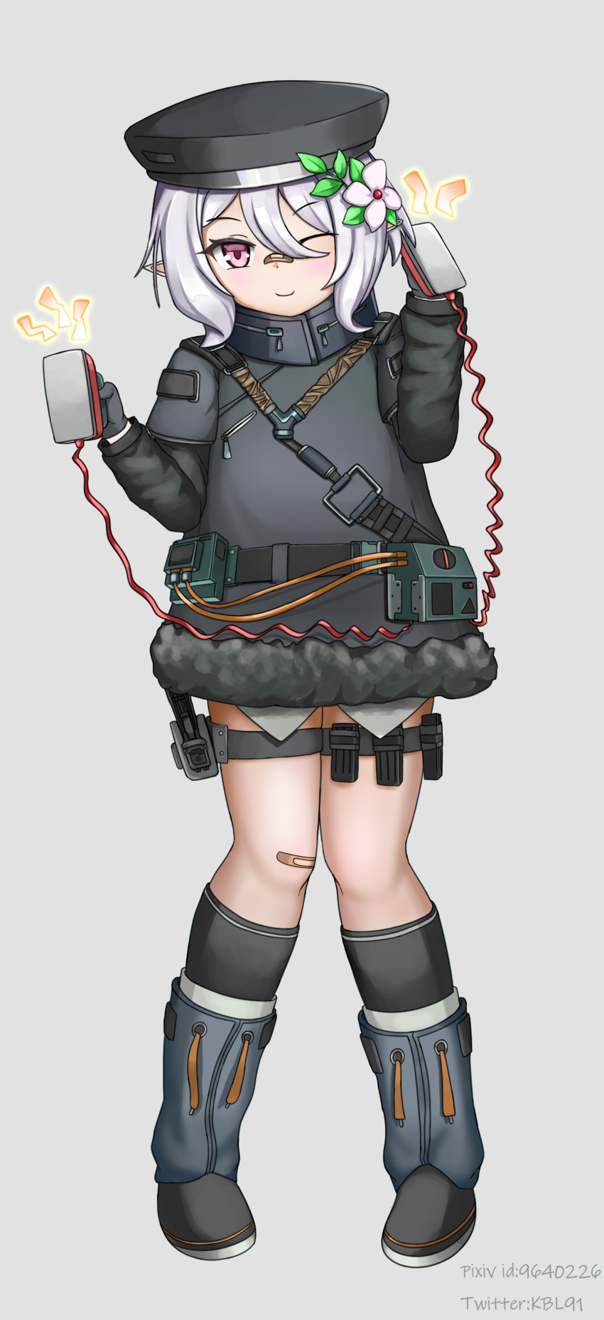 1girl absurdres bandaid bandaid_on_knee bandaid_on_nose bangs blush cosplay defibrillator elf flower fur_trim girls_frontline gun hair_flower hair_leaf hair_ornament handgun highres hs2000 hs2000_(girls_frontline) hs2000_(girls_frontline)_(cosplay) isssboy kokkoro_(princess_connect!) one_eye_closed pink_eyes pointy_ears princess_connect! short_hair silver_hair smile solo thigh_strap weapon