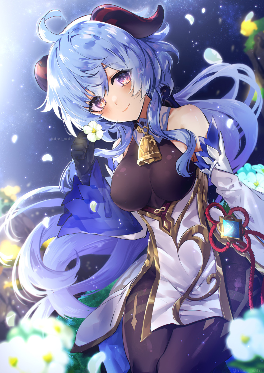 1girl ahoge bangs bare_shoulders bell black_gloves blue_hair blush breasts brown_bodysuit detached_sleeves dress elbow_gloves flower ganyu_(genshin_impact) genshin_impact gloves highres horns large_breasts long_hair looking_at_viewer matori_(penguin_batake) smile thighs violet_eyes white_dress