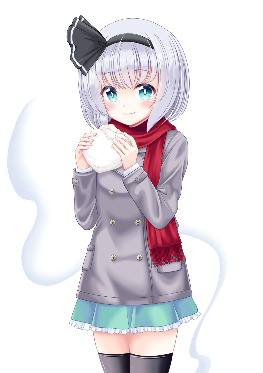 :t absurdres aqua_eyes arms_up bangs baozi black_legwear blue_skirt blush bob_cut bright_pupils coat commentary_request cowboy_shot eyebrows_visible_through_hair food grey_coat hair_ribbon highres holding holding_food konpaku_youmu konpaku_youmu_(ghost) looking_at_viewer petticoat pleated_skirt red_scarf reimei_(r758120518) ribbon scarf short_hair silver_hair skirt standing thigh-highs touhou transparent_background white_pupils winter_clothes winter_coat zettai_ryouiki