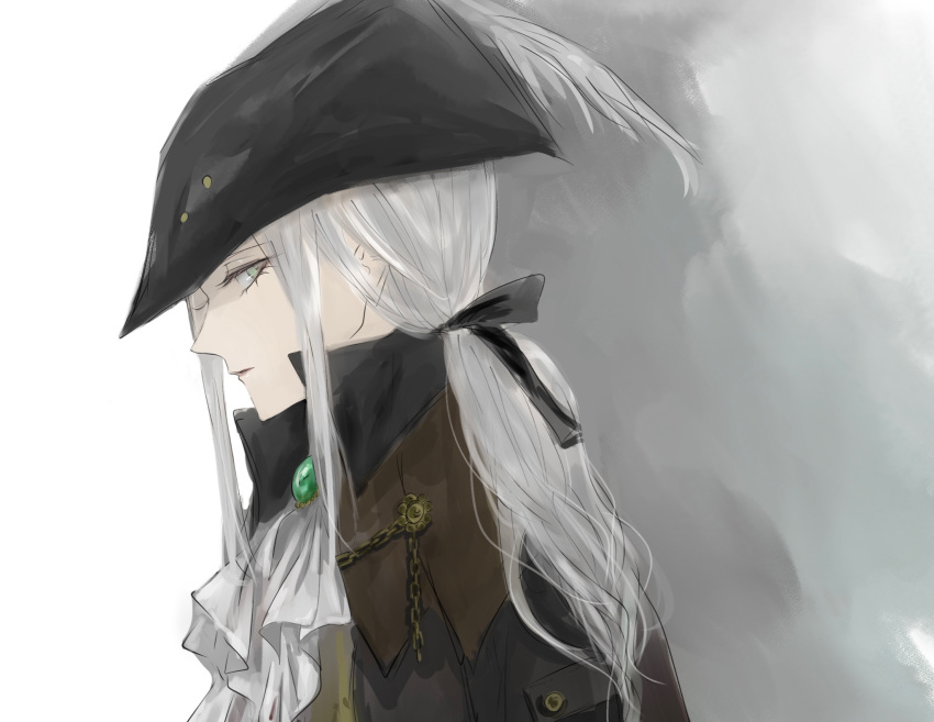 1girl ascot bloodborne chain cravat from_side grey_background grey_eyes hair_ribbon hat hat_feather helen2210hk highres lady_maria_of_the_astral_clocktower long_hair looking_at_viewer ponytail ribbon simple_background solo the_old_hunters tricorne white_hair