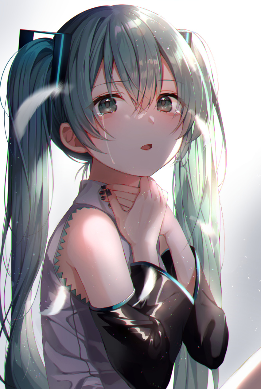 1girl absurdres bangs black_nails black_sleeves blush crying crying_with_eyes_open detached_sleeves eyebrows_visible_through_hair fingernails from_side gradient gradient_background green_eyes green_hair grey_shirt hands_on_own_neck hatsune_miku highres huge_filesize knowa long_fingernails long_hair long_sleeves looking_at_viewer looking_to_the_side nail_polish open_mouth own_hands_together shirt solo tears twintails upper_body very_long_hair vocaloid white_background