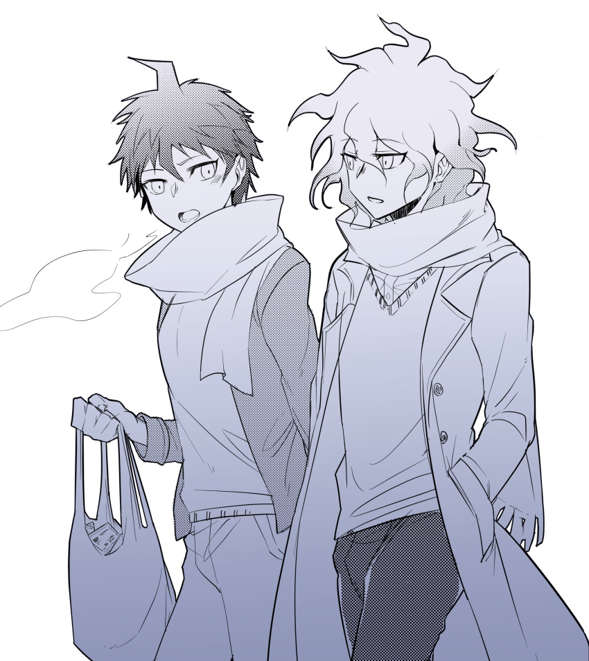 2boys absurdres bag breath casual coat commentary_request cowboy_shot dangan_ronpa_(series) dangan_ronpa_2:_goodbye_despair denim hand_in_pocket highres hinata_hajime holding holding_bag jacket jeans komaeda_nagito long_sleeves lower_teeth male_focus messy_hair monochrome multiple_boys open_clothes open_coat open_mouth pants scarf shirt short_hair ziling