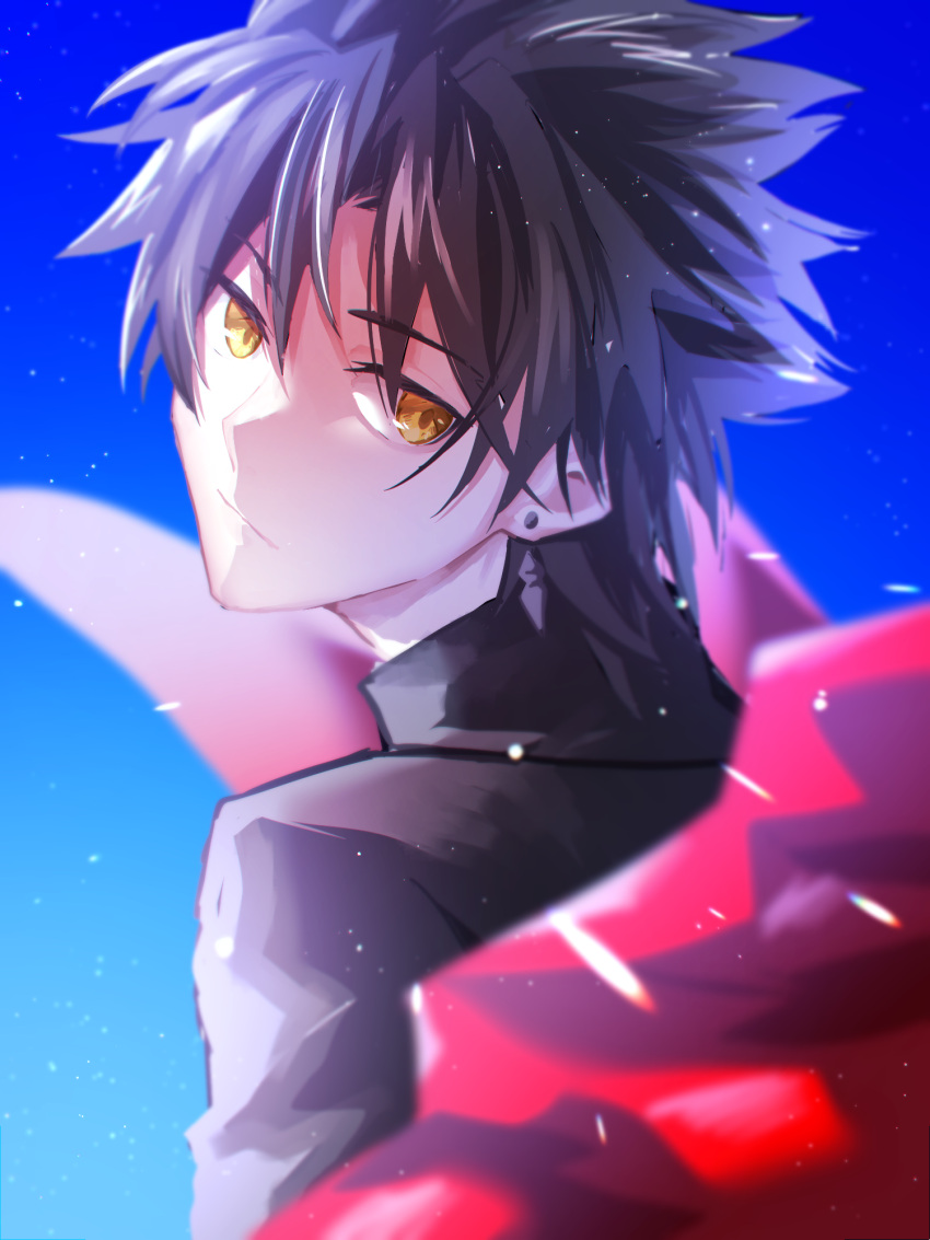 1boy amakusa_shirou_(fate) black_hair black_shirt blue_background character_request check_character closed_mouth earrings fate/apocrypha fate_(series) head_tilt highres jewelry light_particles looking_back male_focus nn_mr shirt short_hair simple_background smile solo spiky_hair turtleneck yellow_eyes