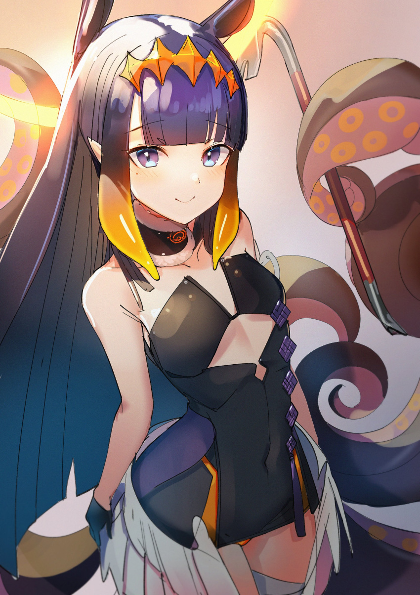 1girl absurdres black_gloves blush breasts crowbar dress eyebrows_visible_through_hair fur_collar gloves halo highres hime_cut hololive janyhero long_hair mole mole_under_eye ninomae_ina'nis pointy_ears purple_hair small_breasts smile solo tentacle_hair tentacles thigh-highs very_long_hair violet_eyes virtual_youtuber white_legwear wings