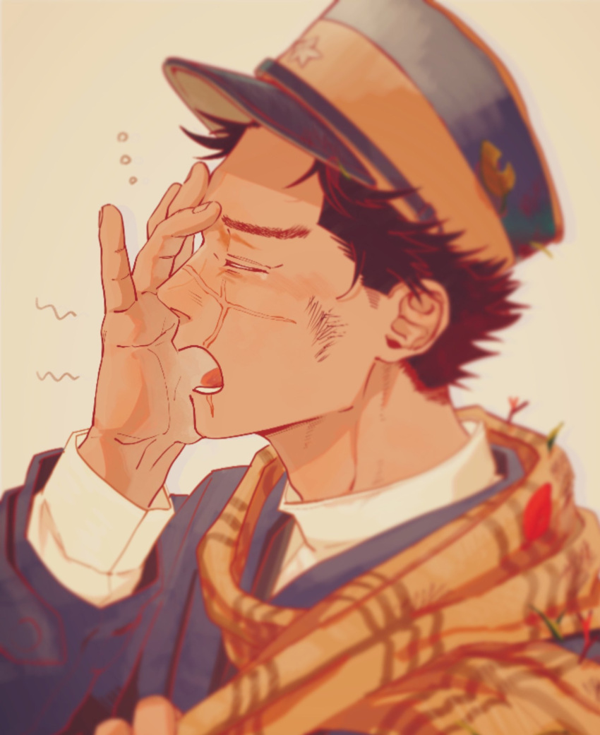 1boy blush brown_eyes brown_hair collared_jacket from_side golden_kamuy hat highres imperial_japanese_army kepi kotta_(pesan102) long_sleeves male_focus military military_hat military_uniform scar scar_on_cheek scar_on_face scar_on_mouth scar_on_nose short_hair simple_background solo spiky_hair sugimoto_saichi uniform upper_body