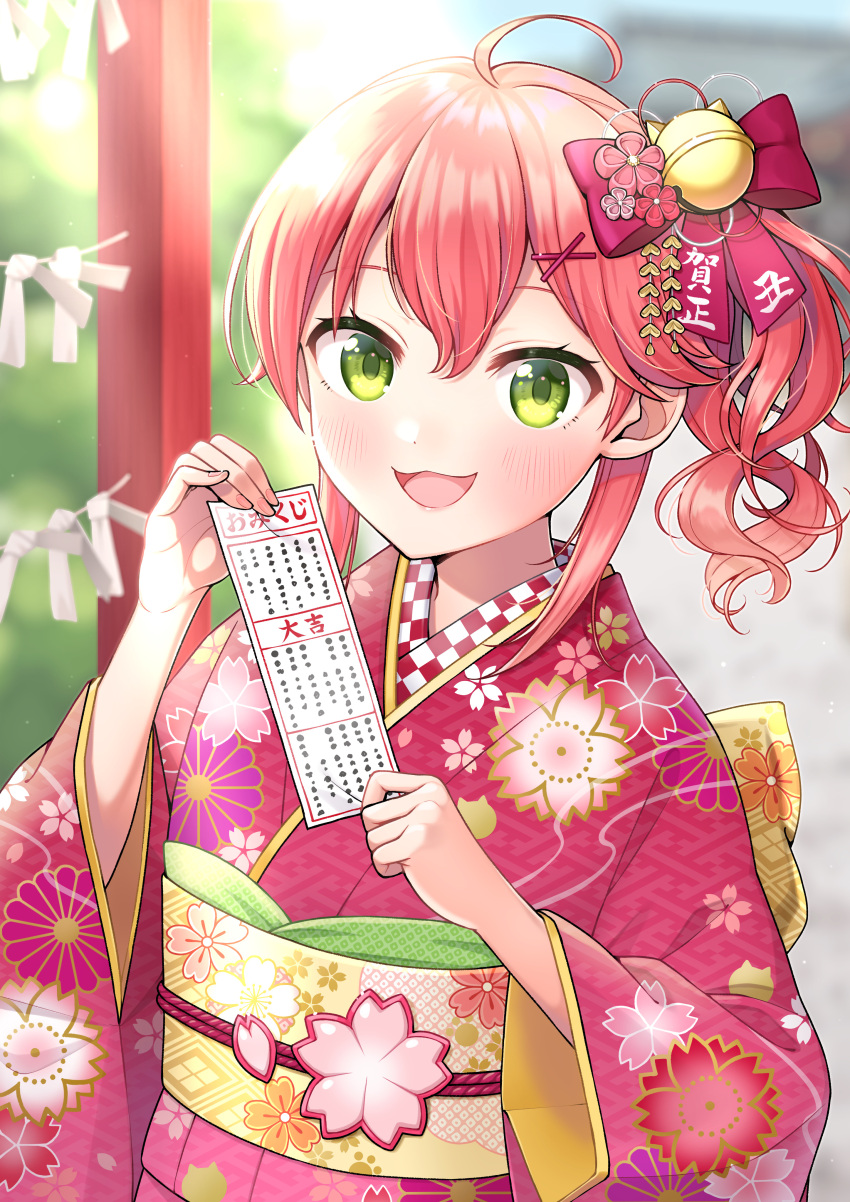 absurdres ahoge alternate_costume alternate_hairstyle bell blush floral_print green_eyes hair_bell hair_ornament hairclip highres hololive japanese_clothes looking_at_viewer open_mouth outdoors pink_hair sakura_miko tomozu virtual_youtuber x_hair_ornament