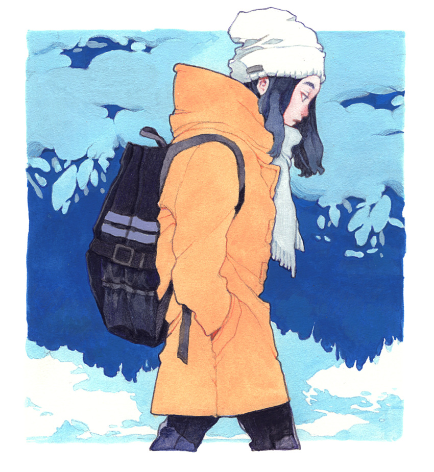 1girl backpack bag beanie black_bag black_hair black_pants border cowboy_shot cropped_legs from_side hand_in_pocket hat highres hood hood_down jacket kan0nakan0 long_hair original pants profile red_jacket scarf solo white_border white_headwear