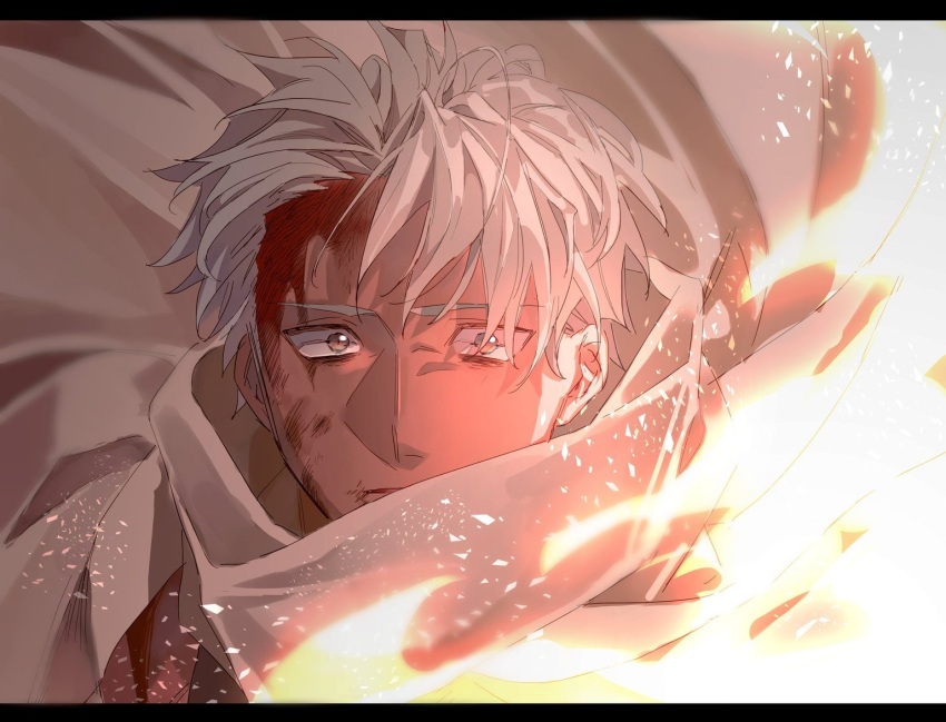 1boy alternate_hairstyle archer blood blood_on_face brown_hair cloak close-up closed_mouth dark_skin dark_skinned_male face fate/grand_order fate/stay_night fate_(series) injury light_particles looking_at_viewer messy_hair rodjiura_(rjur00) solo upper_body white_cloak wind