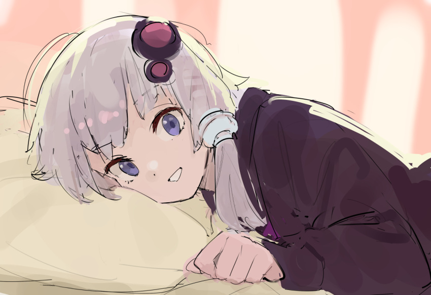 1girl bed black_jacket grin hair_ornament hair_tubes jacket looking_at_viewer looking_to_the_side lying omnki_jr on_stomach pillow purple_hair sidelocks sketch smile solo upper_body violet_eyes vocaloid voiceroid yuzuki_yukari