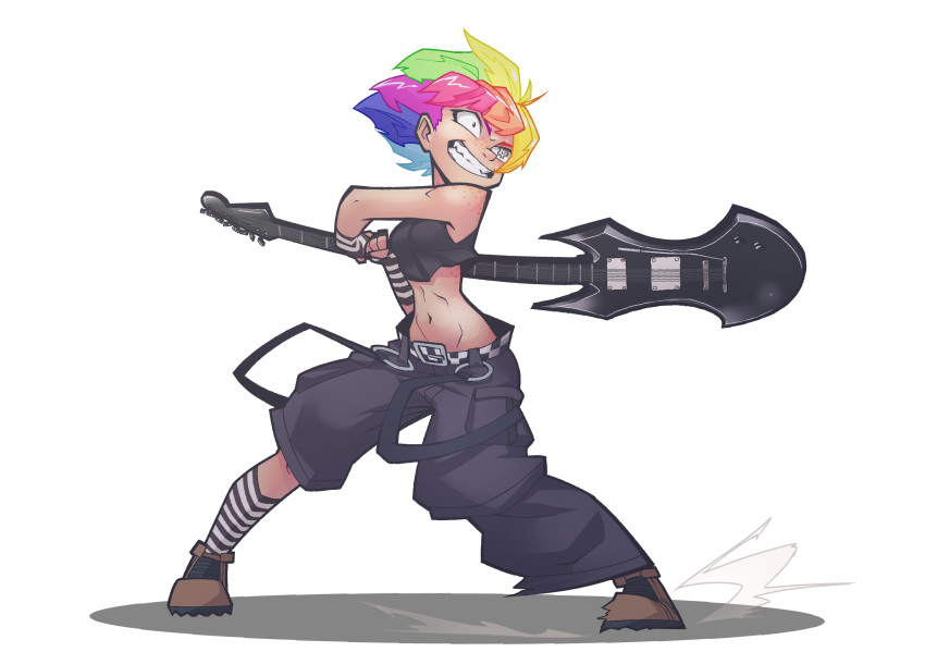 1girl agony_(omnizoa) asymmetrical_pants borrowed_character brown_footwear commission freckles gloves guitar highres holding holding_instrument instrument midriff multicolored_hair navel original parted_lips rainbow_hair second-party_source shadow shoes simple_background solo striped striped_gloves the_pink_pirate white_background