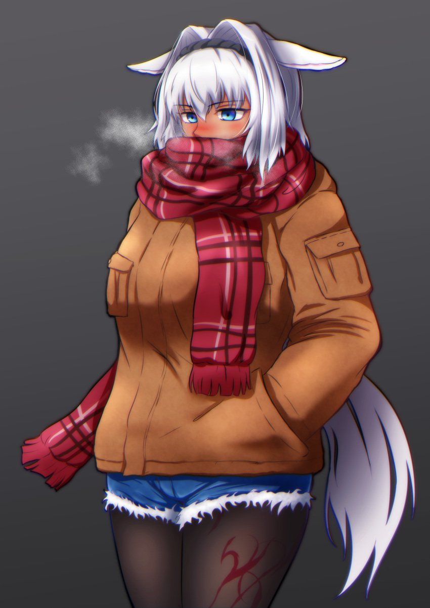 1girl absurdres animal_ears blue_eyes caenis_(fate) coat cold dark_skin dark-skinned_female denim denim_shorts fate/grand_order fate_(series) hands_in_pockets highres long_hair pantyhose scarf shorts sotomichi visible_air white_hair winter_clothes winter_coat