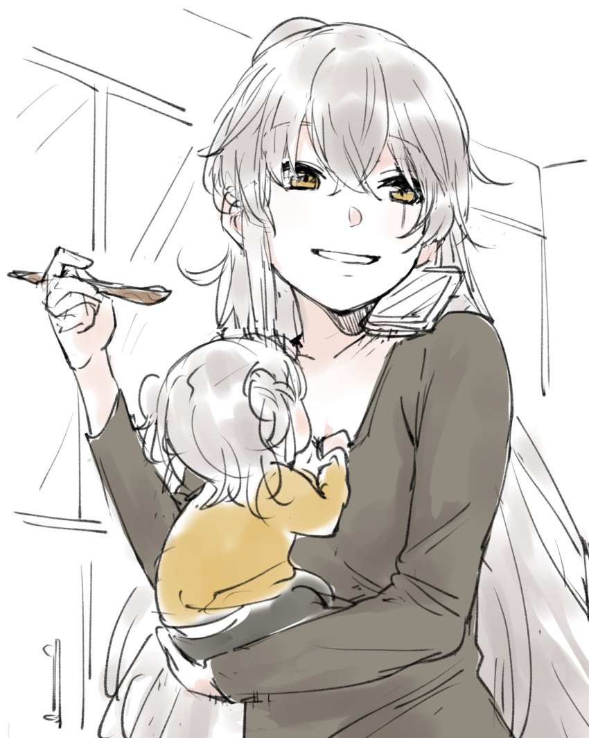 1girl baby black_shirt commentary_request girls_frontline grey_hair hair_between_eyes highres holding holding_baby holding_spoon long_hair long_sleeves mother_and_child scar scar_across_eye shinoe_nun shirt sketch smile spoon ump45_(girls_frontline) very_long_hair yellow_eyes