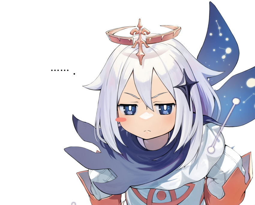 ... 1girl :&lt; blue_eyes blush_stickers cape capelet dress frown furrowed_eyebrows genshin_impact hair_between_eyes hair_ornament halo highres looking_at_viewer paimon_(genshin_impact) sharpheon short_hair simple_background white_background white_dress white_hair