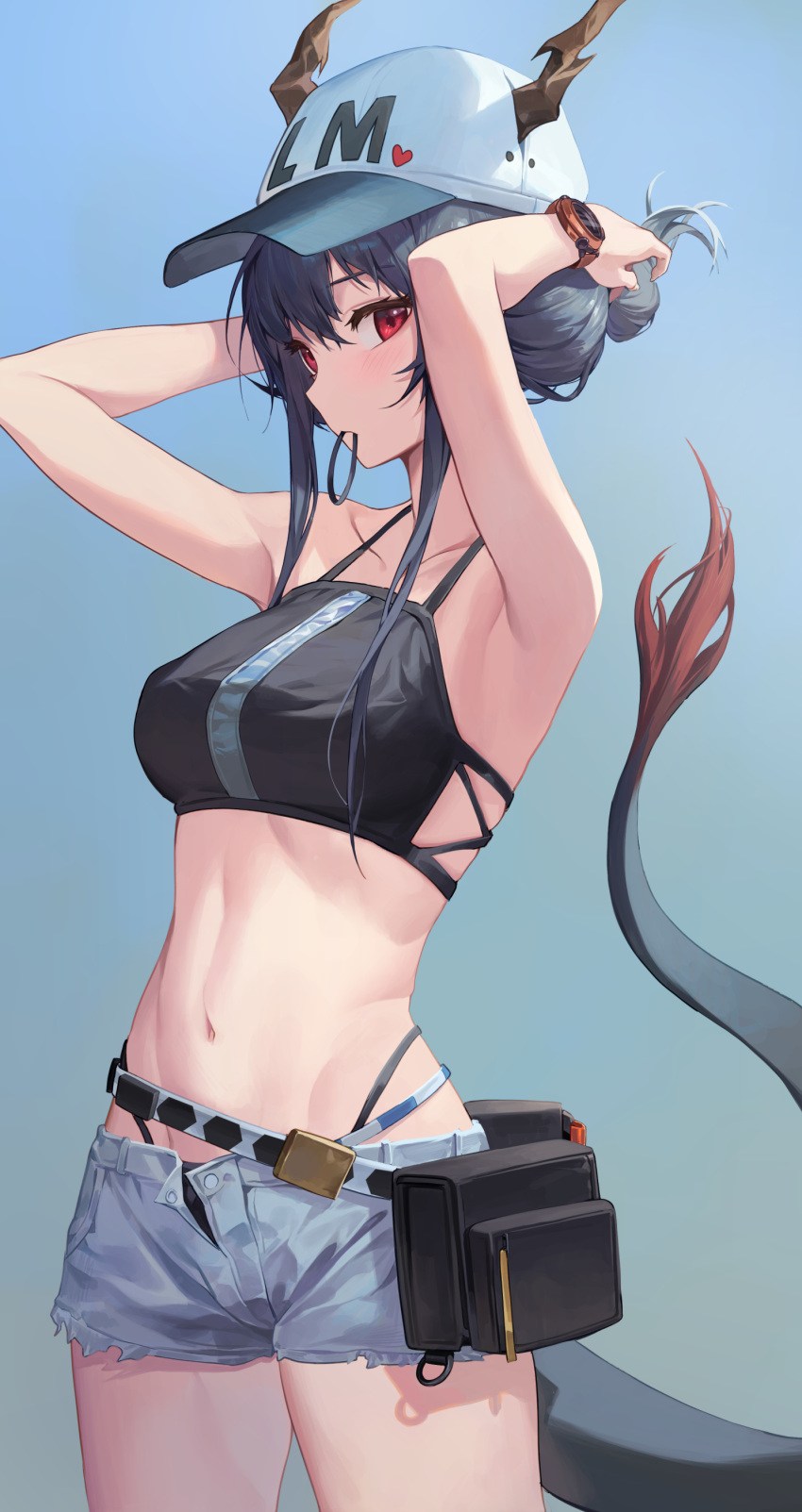 1girl absurdres arknights baseball_cap bikini blue_hair ch'en_(arknights) dragon_horns dragon_tail female_tourist_c_(arknights) hair_tie_in_mouth hat highres horns mouth_hold navel red_eyes short_shorts shorts ssangbong-llama swimsuit tail tying_hair watch watch