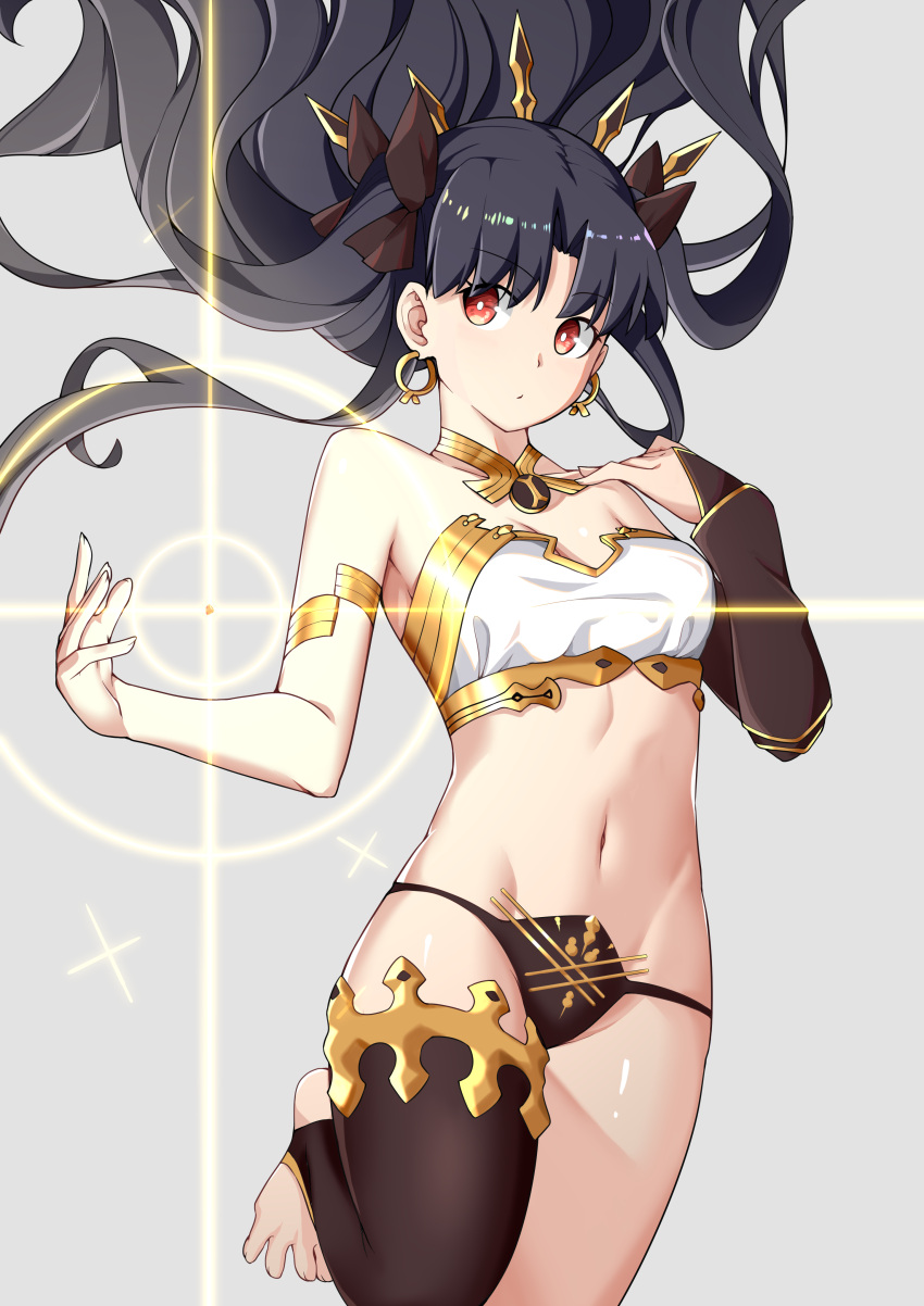 1girl absurdres armlet detached_sleeves earrings fate/grand_order fate_(series) hair_ribbon heartpark highres ishtar_(fate)_(all) ishtar_(fate/grand_order) jewelry long_hair looking_at_viewer navel red_eyes ribbon single_detached_sleeve single_thighhigh solo thigh-highs tiara twintails two_side_up
