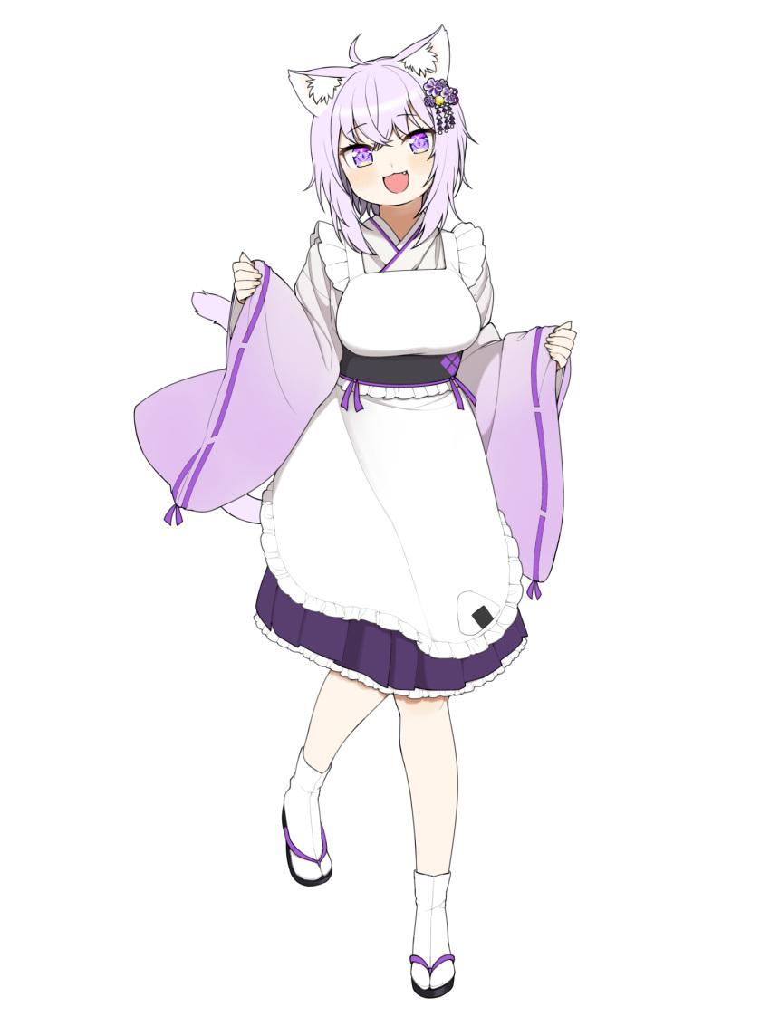 1girl :3 :d ahoge animal_ear_fluff animal_ears apron bangs breasts cat_ears cat_girl cat_tail crossed_bangs fang fingernails flower food food_print frilled_apron frills full_body geta hair_between_eyes hair_flower hair_ornament highres hololive japanese_clothes light_purple_hair long_sleeves looking_at_viewer medium_breasts medium_hair nekomata_okayu okunin onigiri onigiri_print open_mouth purple_flower simple_background smile solo tabi tail tail_raised violet_eyes virtual_youtuber wa_maid white_apron white_background white_legwear wide_sleeves