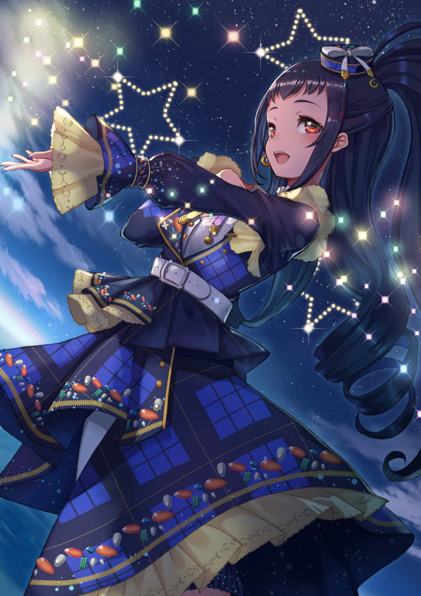 1girl bangs black_hair blush dress drill_hair dutch_angle earrings hat highres jewelry kagayaki_eve kiratto_pri_chan long_hair looking_at_viewer open_mouth pretty_(series) red_eyes sky solo star_(sky) starry_sky yu_ni_t