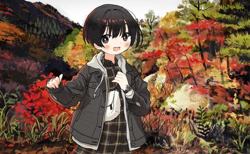 1girl :d absurdres autumn autumn_leaves black_hair dress highres huge_filesize jacket mountain nature open_mouth original outdoors plaid plaid_dress short_hair sleeves_past_wrists smile solo tree watch watch zinbei