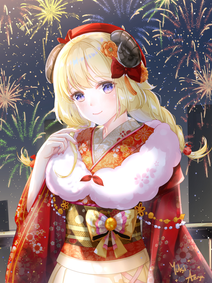 1girl absurdres animal_ears beret blonde_hair blue_eyes blush braid closed_mouth commentary cowboy_shot dimazu english_commentary eyebrows_visible_through_hair fingernails fireworks floral_print flower fur_scarf furisode hair_flower hair_ornament hair_ribbon hat highres hololive horns huge_filesize japanese_clothes kanzashi kimono long_hair nail_polish obi obiage pink_nails red_kimono ribbon sash sheep_ears sheep_girl sheep_horns shirt signature skyline smile solo tsunomaki_watame twin_braids violet_eyes virtual_youtuber white_shirt